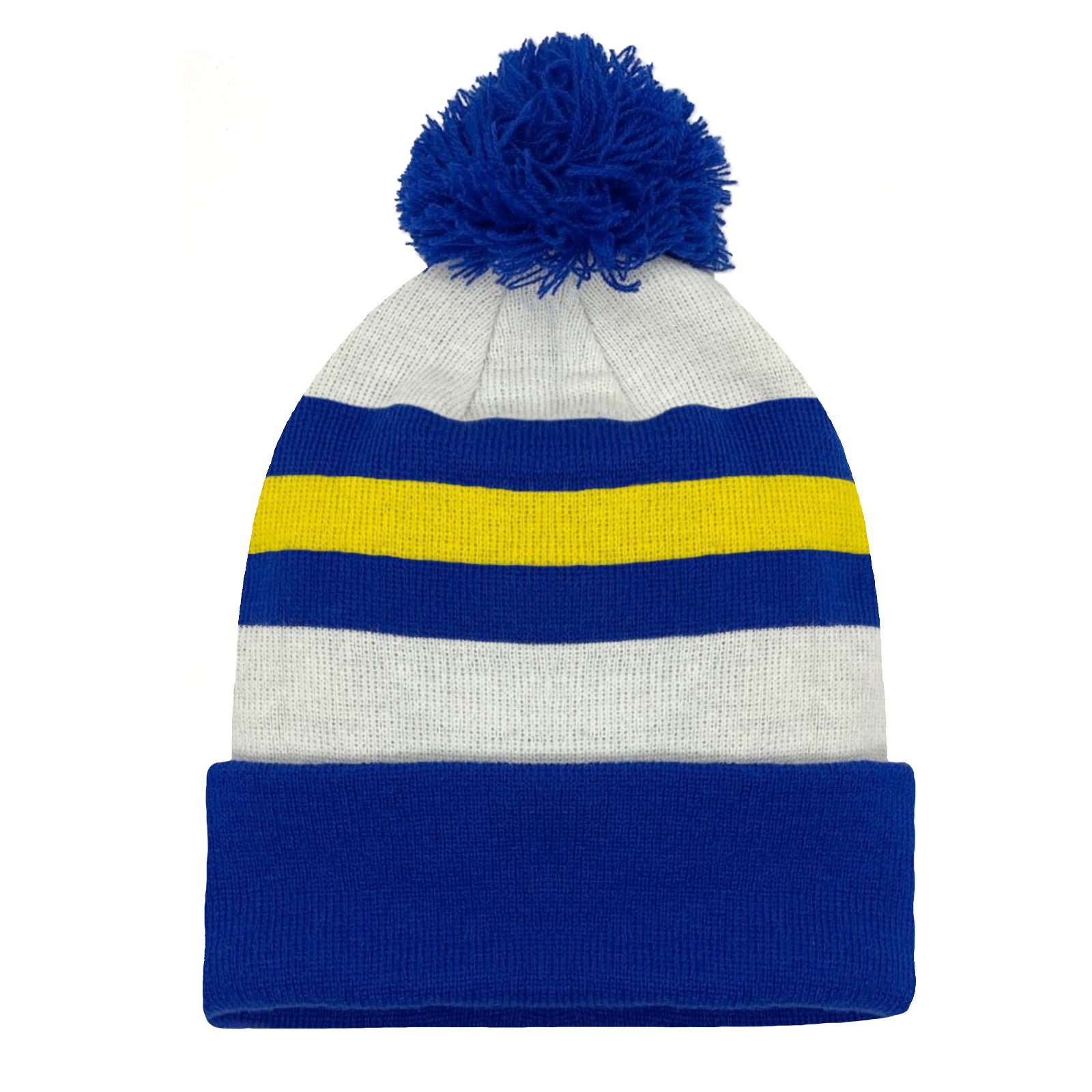 Leeds United retro knitted bobble hat in white, blue & yellow