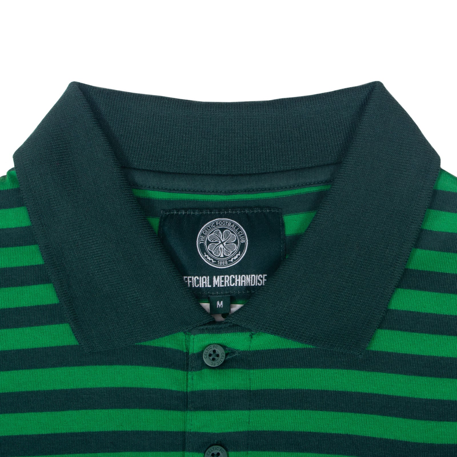 Celtic adults striped polo shirt for adults in green & black with club crest to chest.