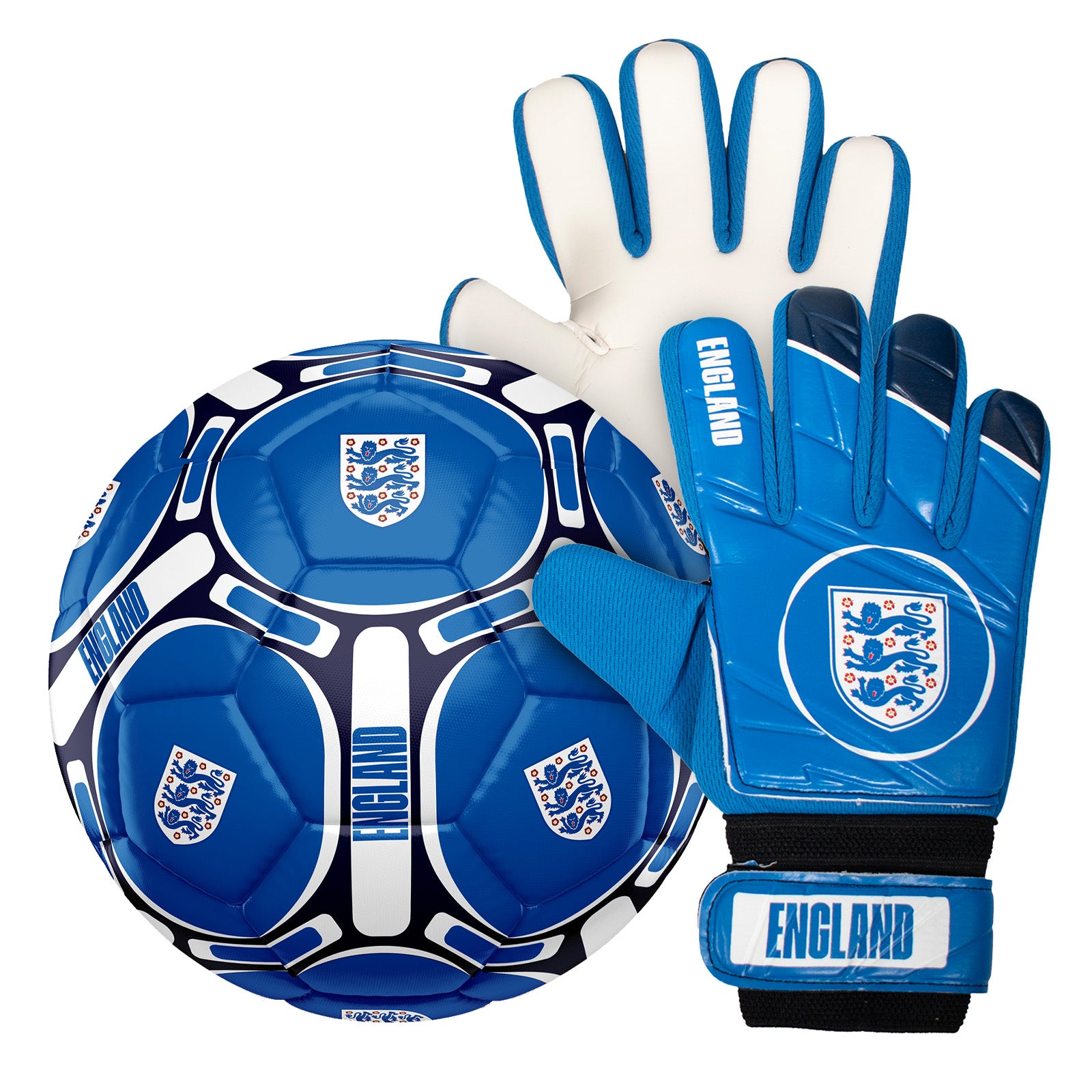 England FA size 4 blue football with 3 lions crest print to football and each glove.