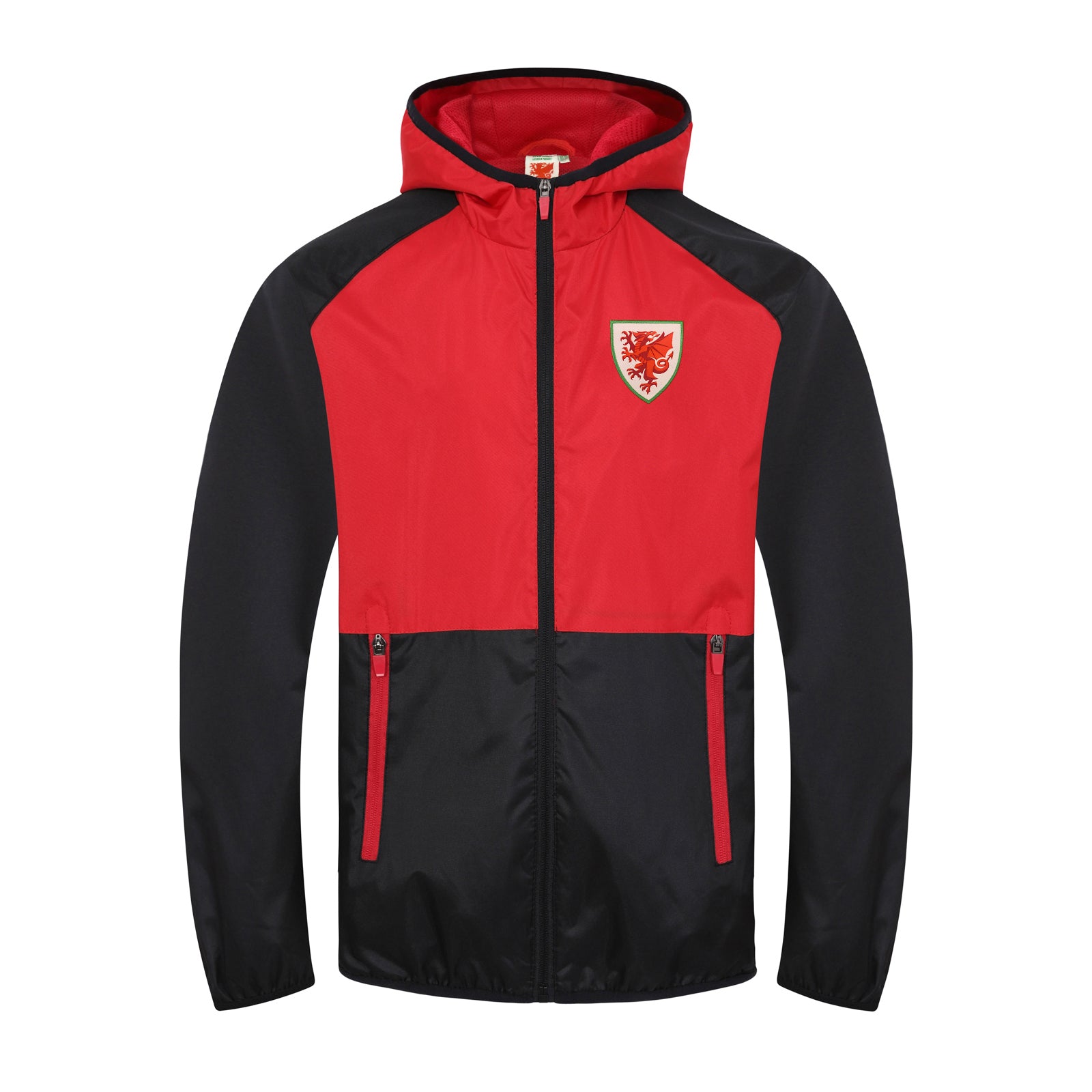 Wales adults shower jacket in black with Wales FA club badge to the left chest.