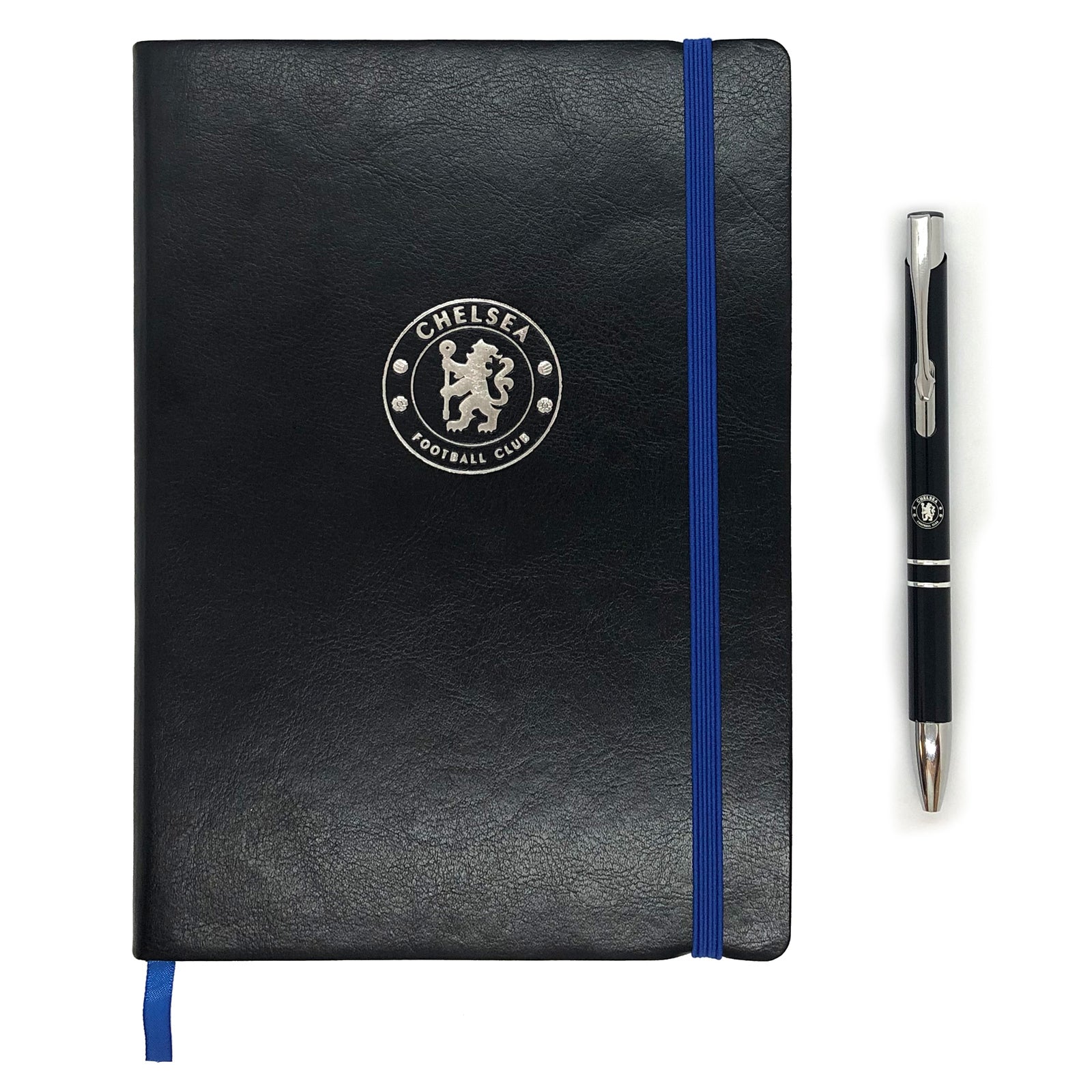 Chelsea notebook & pen in black with silver foil crest in club design gift box.