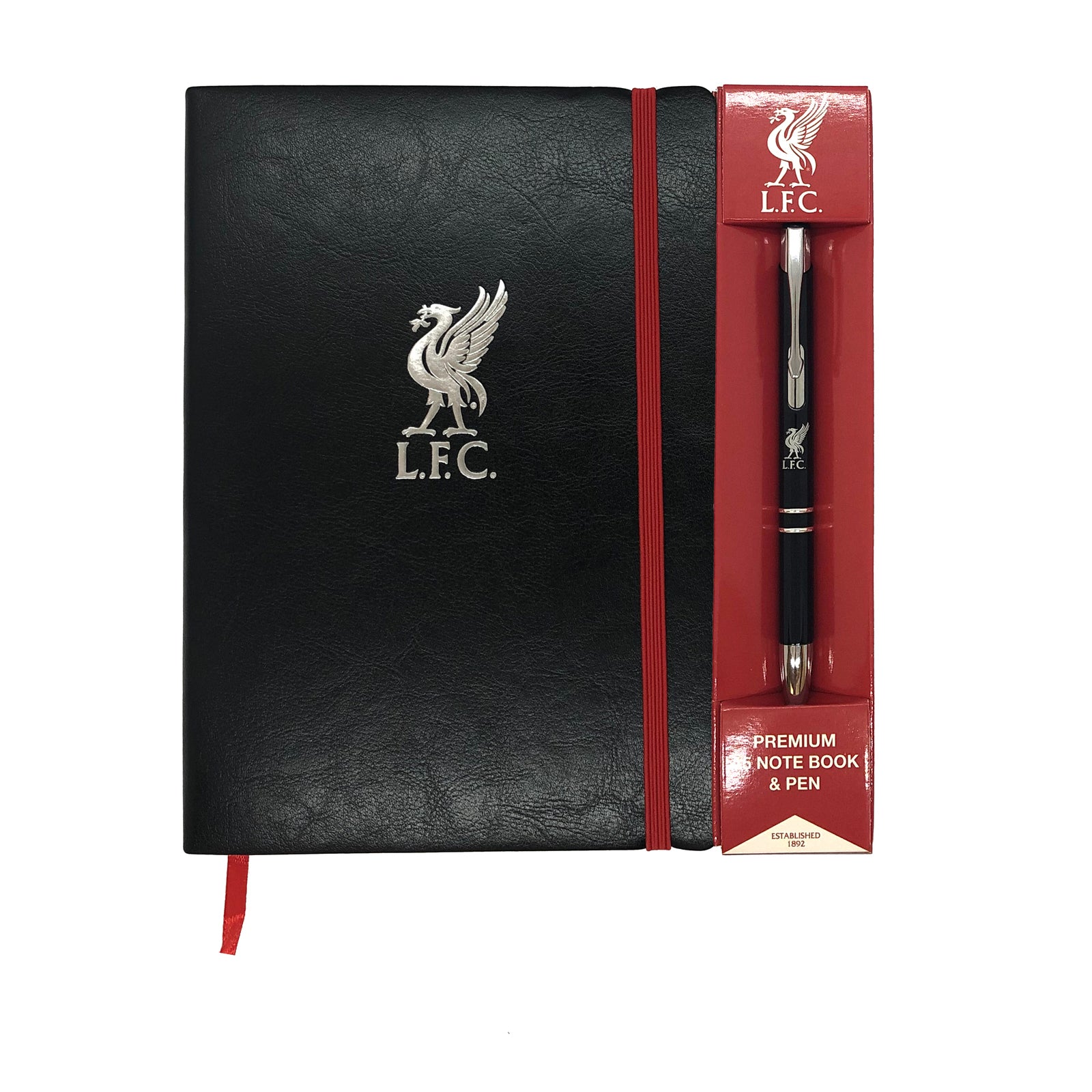 Liverpool notebook & pen in black with silver foil crest in club design gift box.