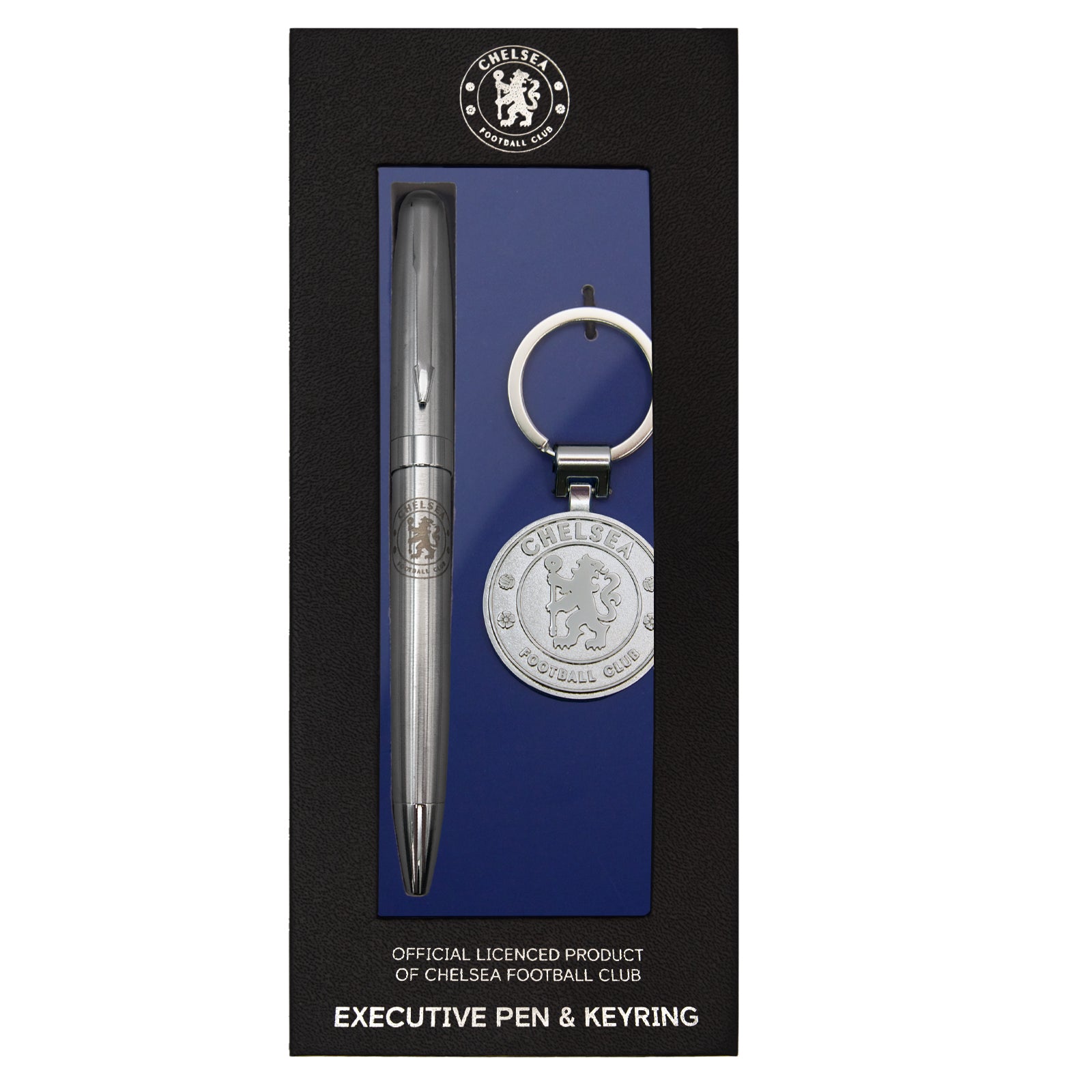 Chelsea pen and keyring set in silver with club crest in club design gift box