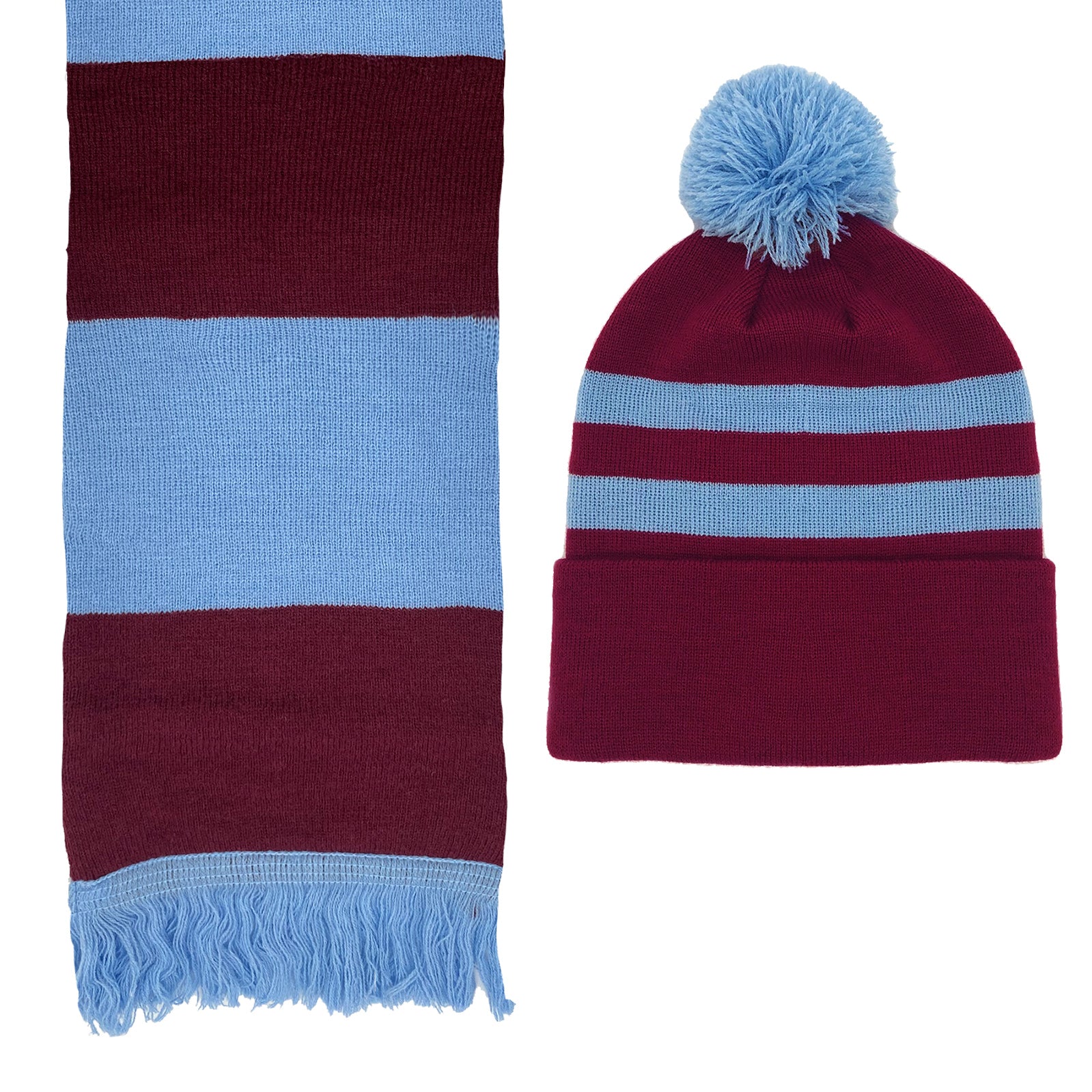 West Ham retro bobble hat & bar scarf set in claret & blue