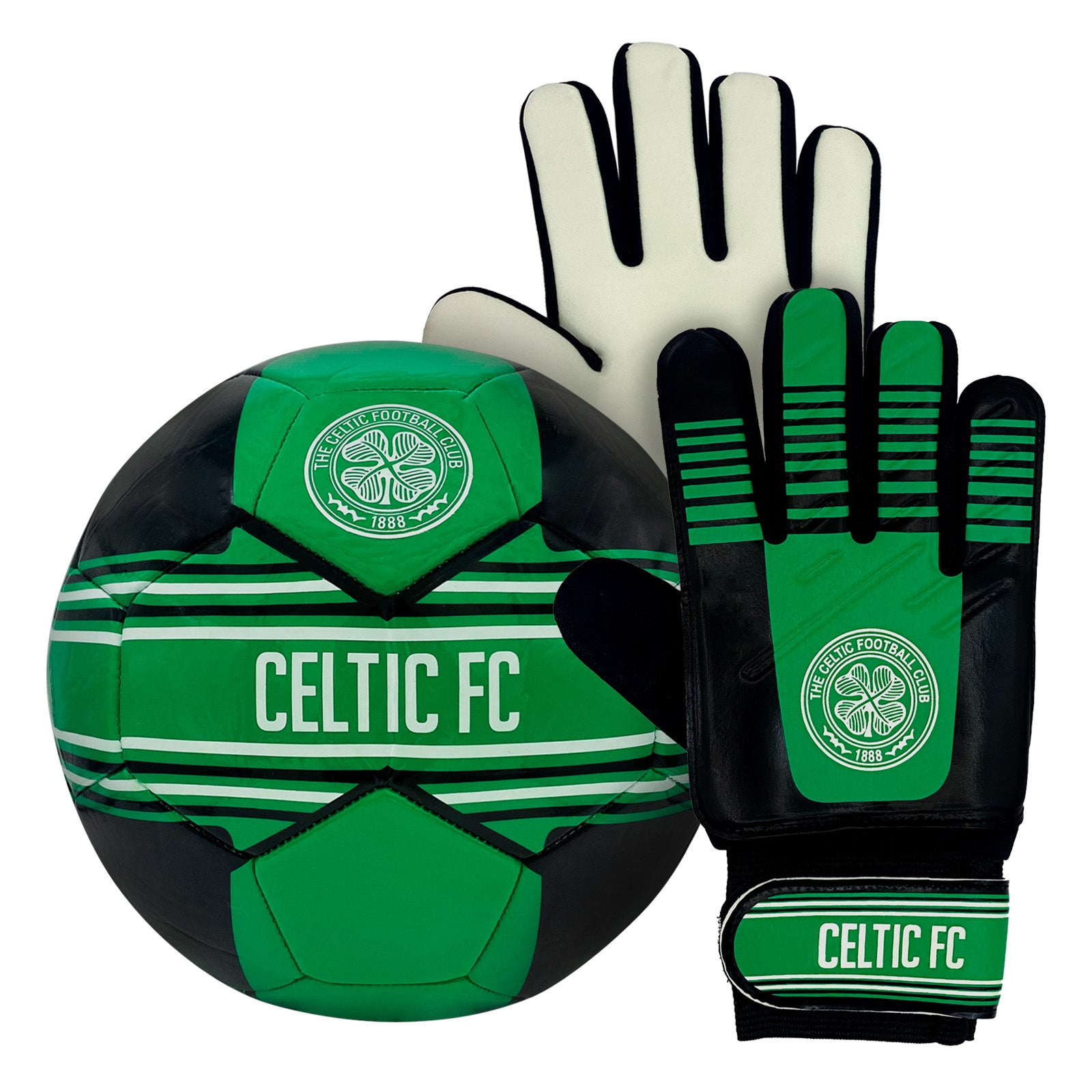 Celtic size 4 green & black ball with club crest & text. Celtic crest & text print to each glove.