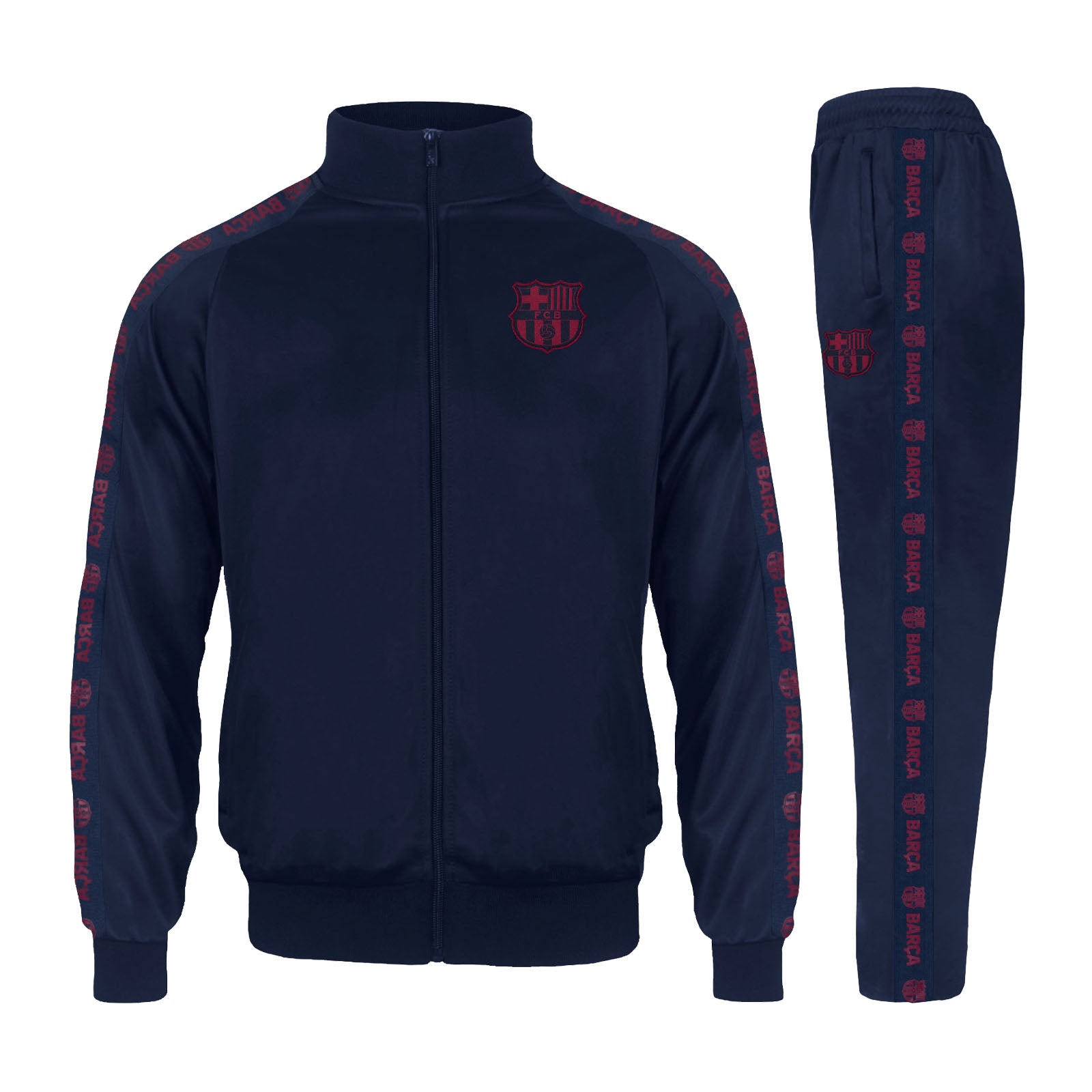 FC Barcelona adults taped tracksuit in navy blue with club crest and text to both top & pants