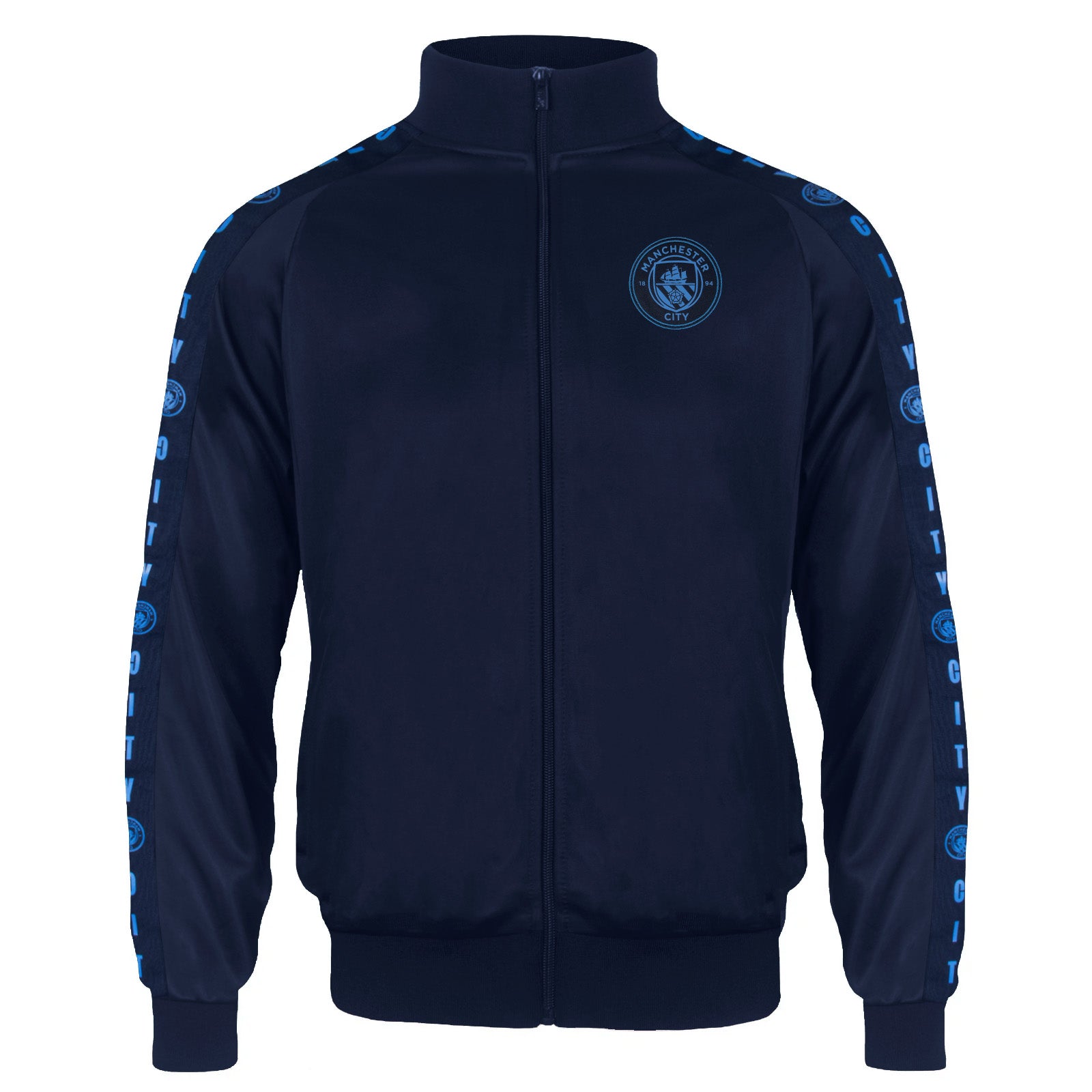 Manchester City adults taped tracksuit in navy blue with club crest and text to both top & pants