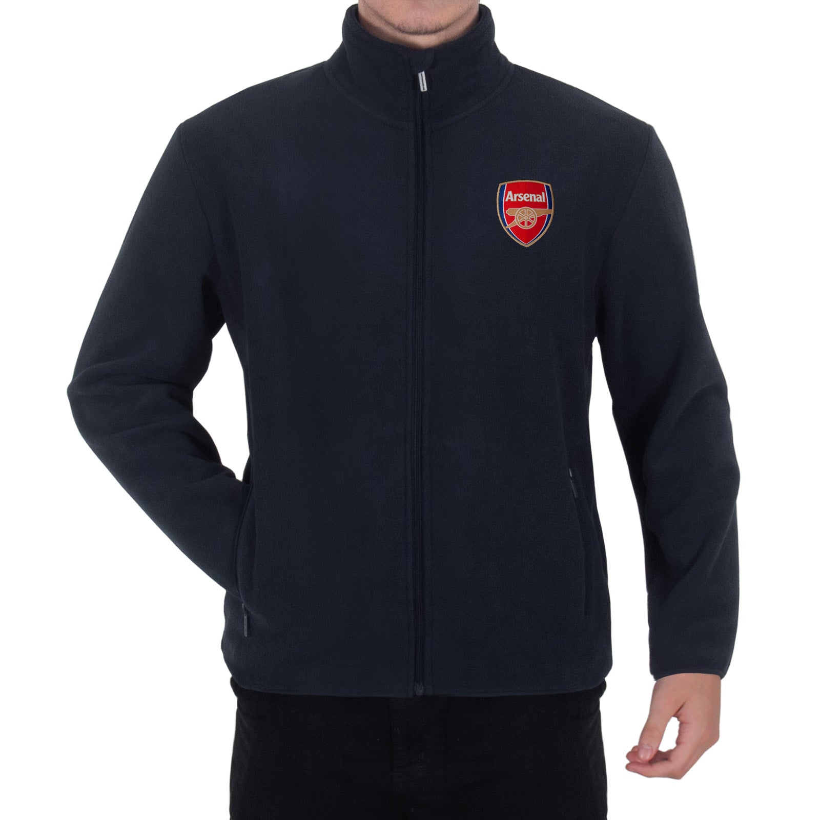 Arsenal adults microfleece jacket in navy with a woven club crest to chest.