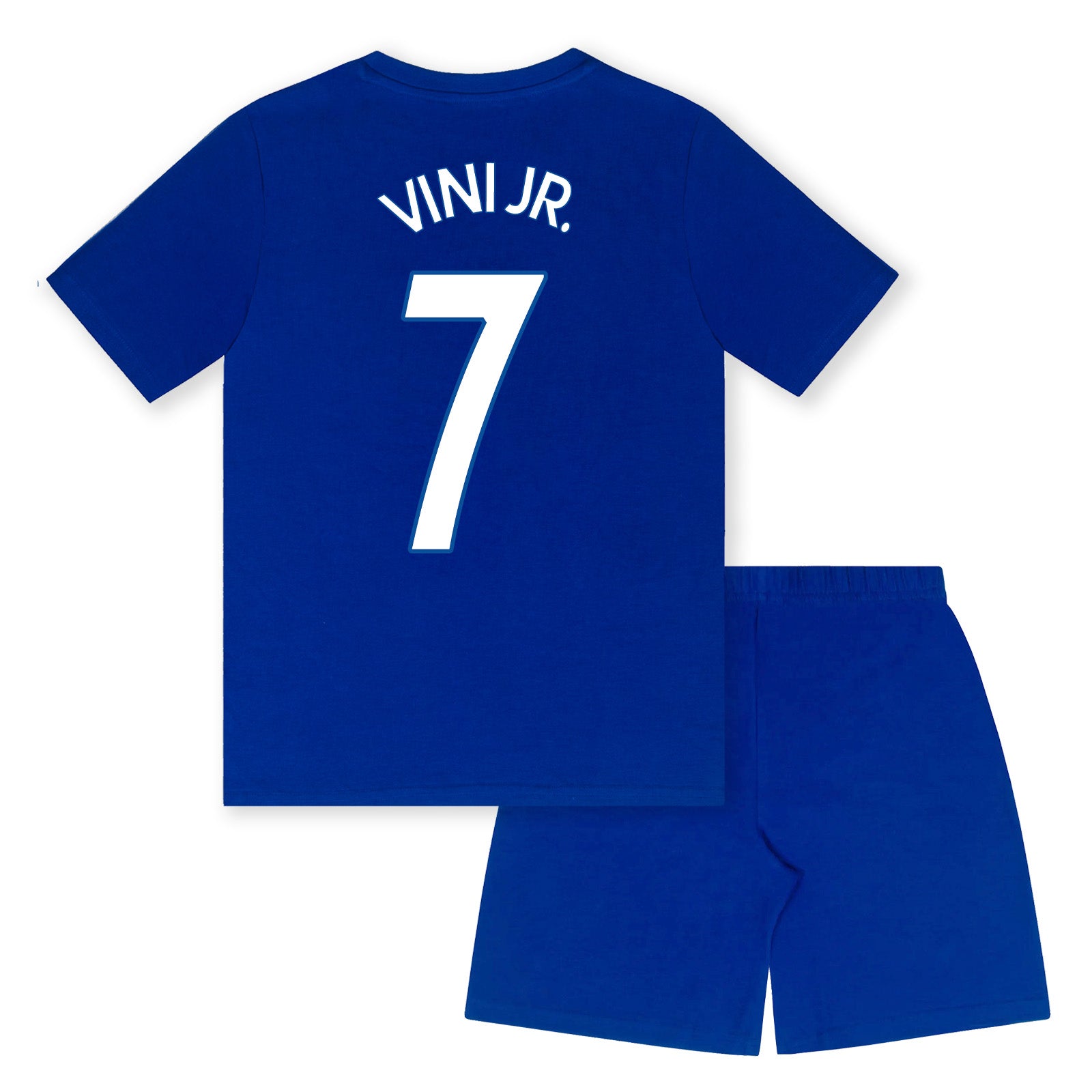 Real Madrid kids short pyjamas in reflex blue. Short sleeve top with graphic club crest and shorts also with crest to the leg