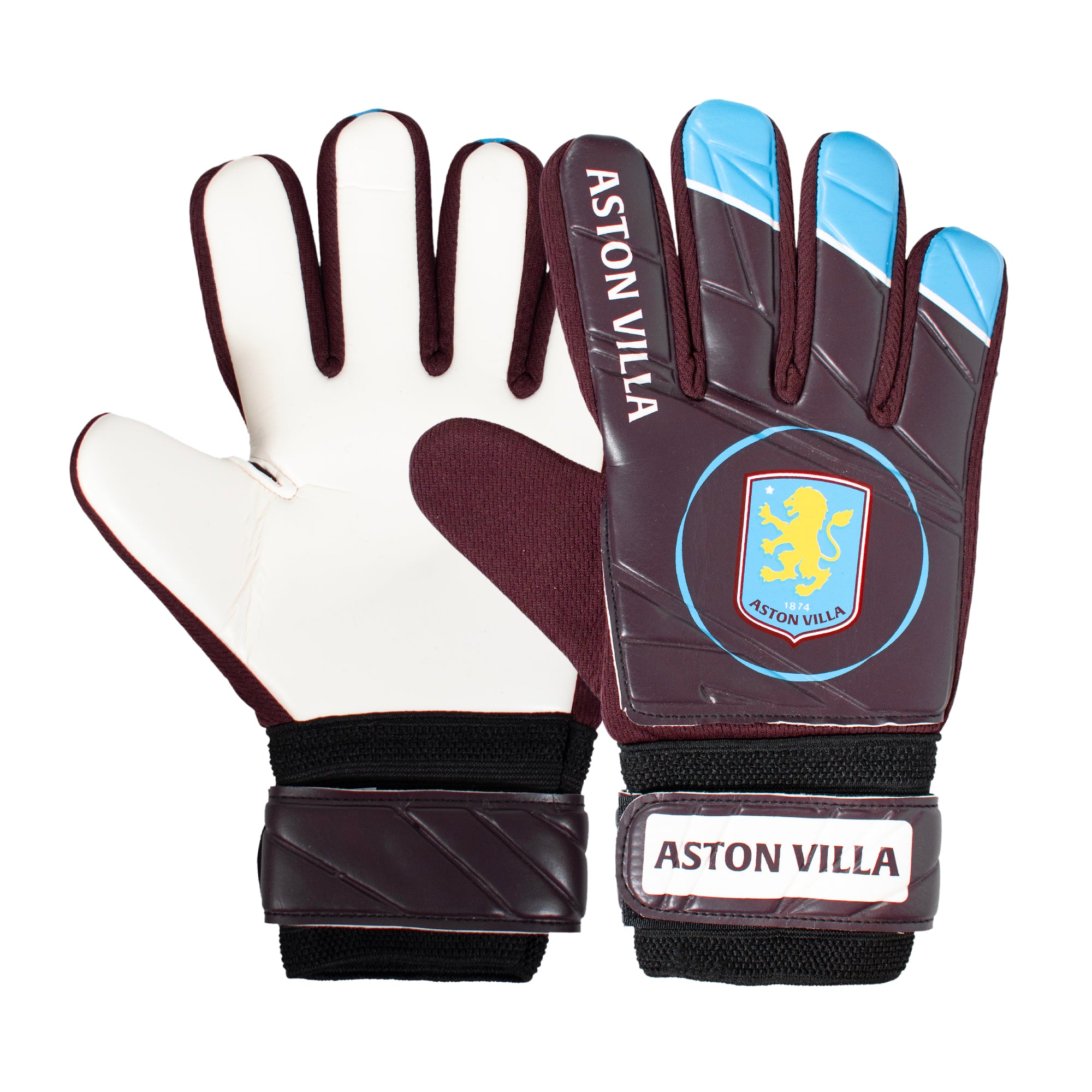 Aston Villa size 4 football & goalie glove set in claret with club crest & text to each item
