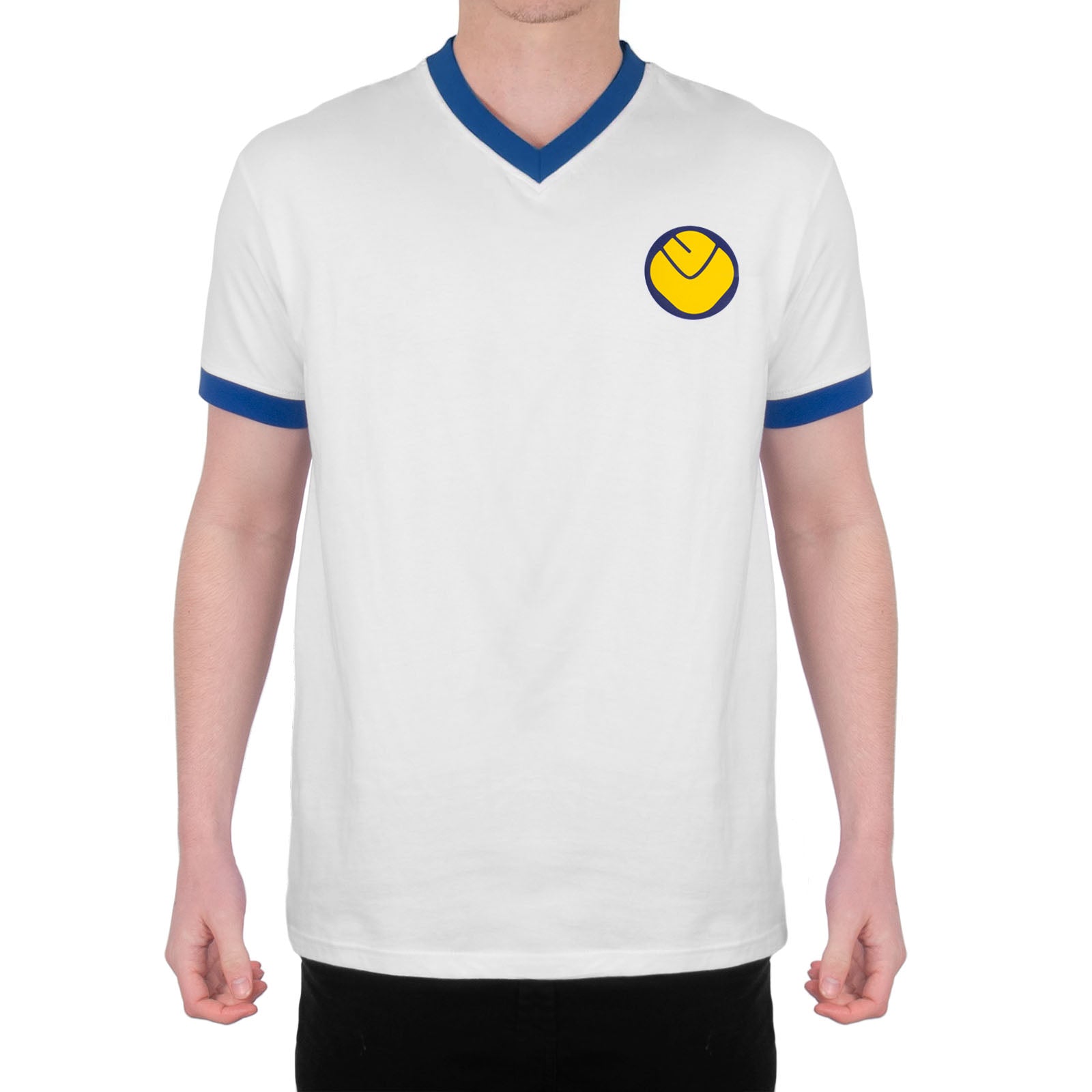 Leeds retro v-neck t-shirt in white with printed smiley crest