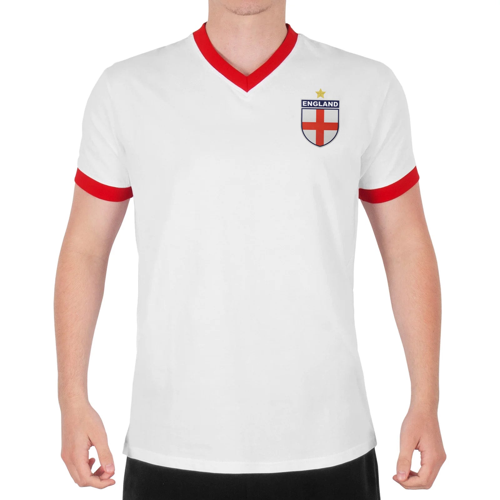 England adults retro ringer t-shirt in white with contrast red trims and logo to chest
