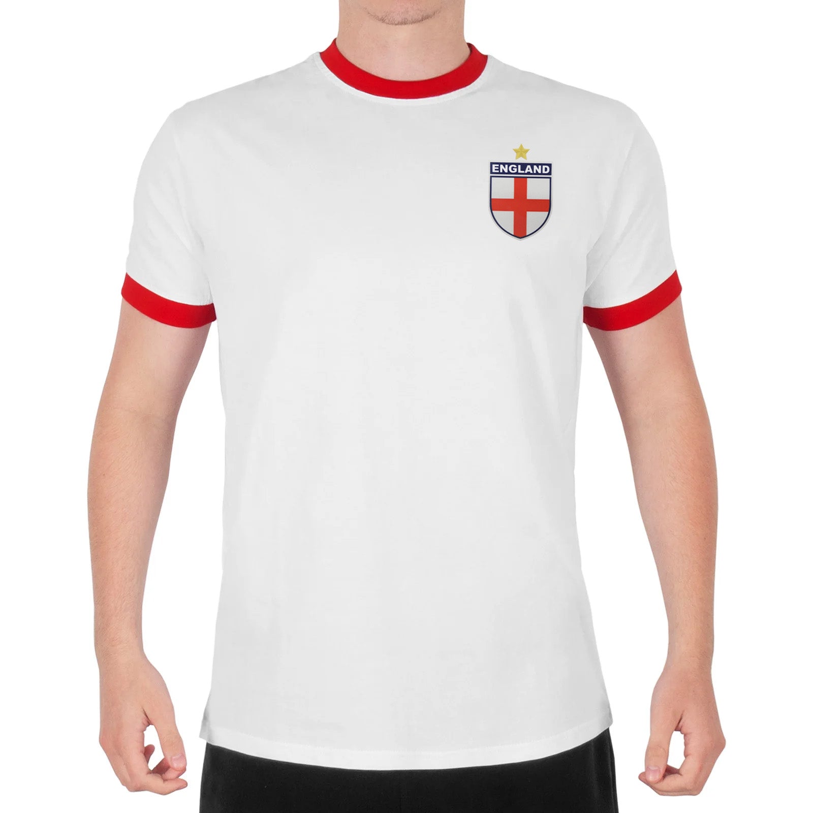 England adults retro ringer t-shirt in white with contrast red trims and logo to chest