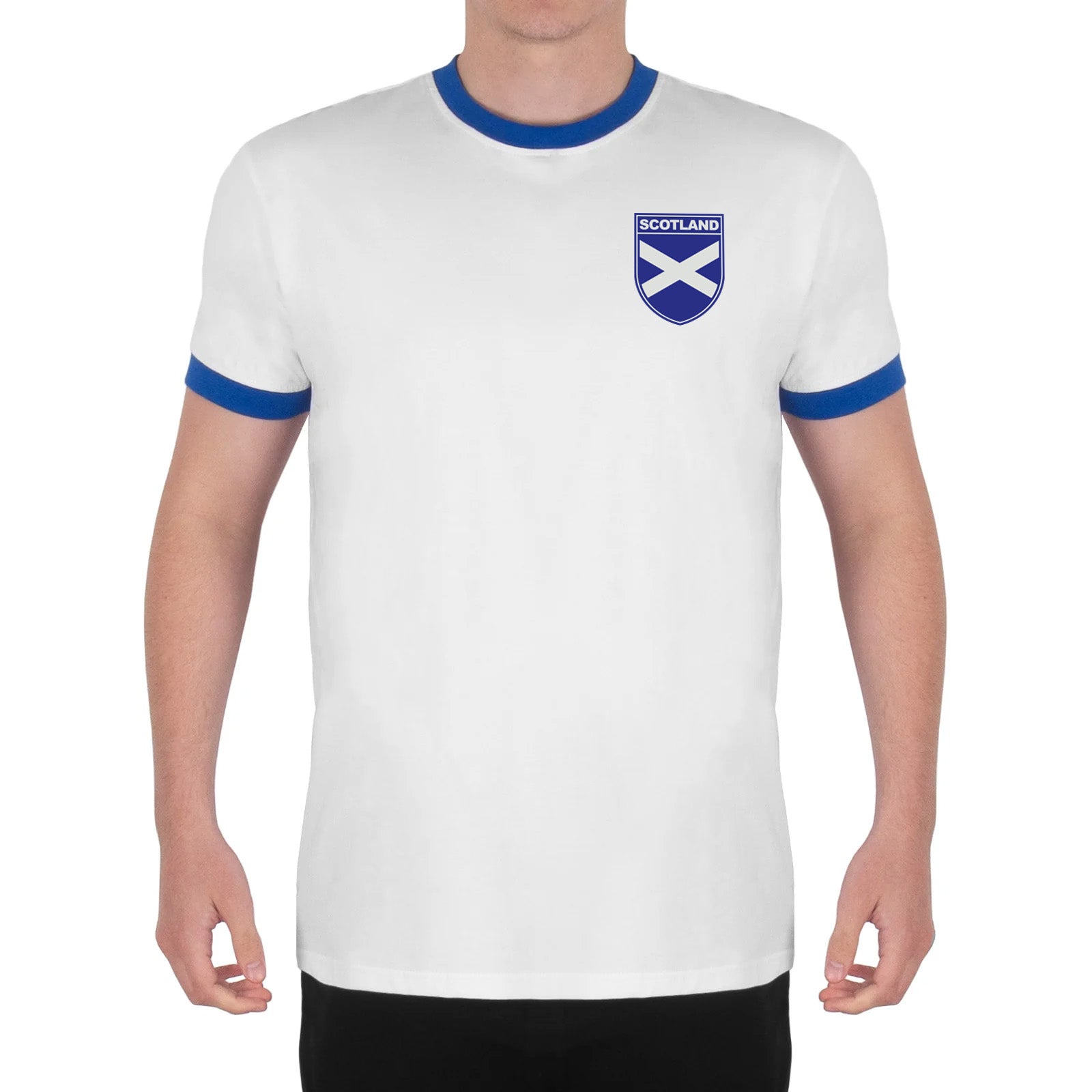 Scotland adults retro ringer t-shirt in white with contrast blue trims and logo to chest