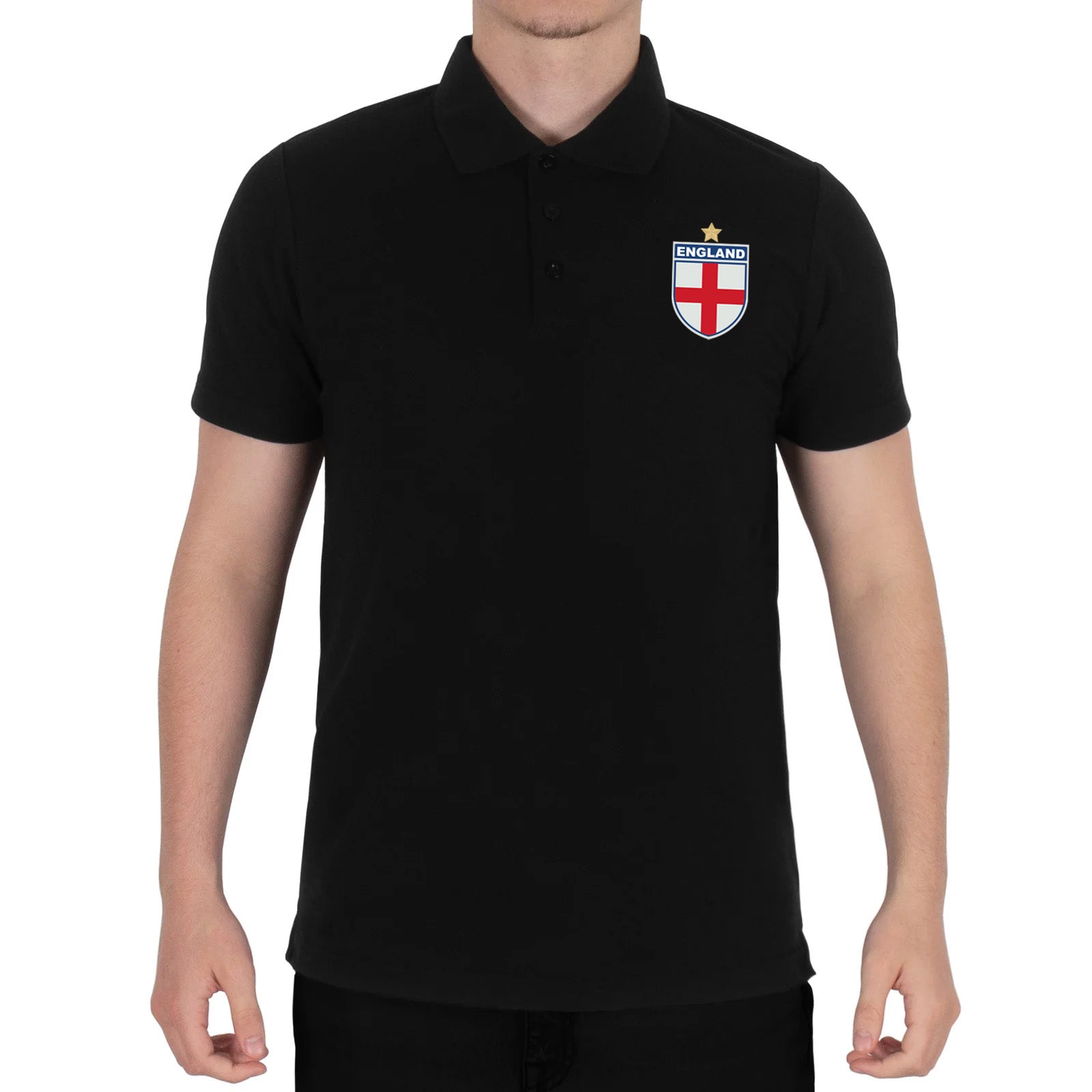 England retro polo shirt in black, navy, red & white with printed logo on the chest