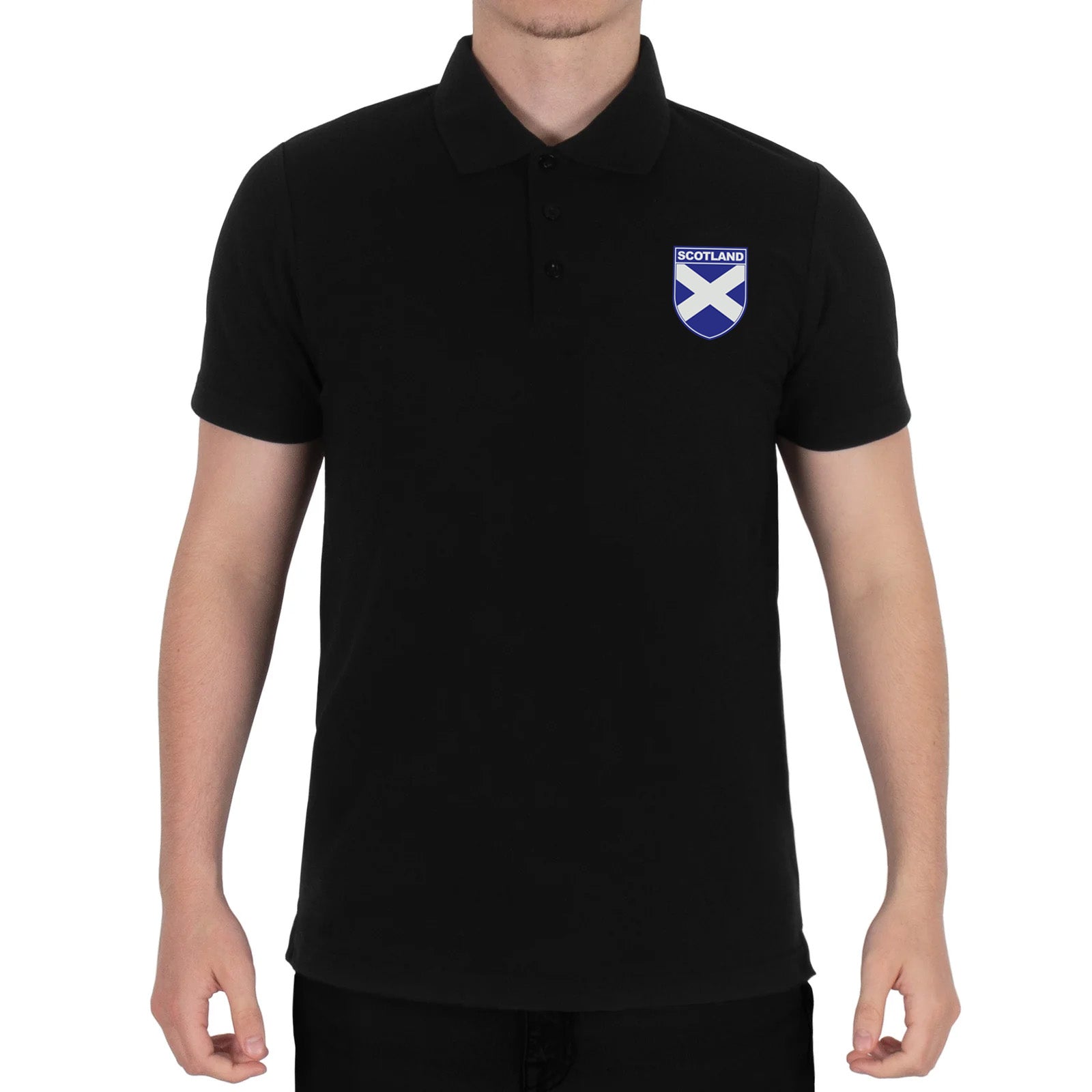 Scotland retro polo shirt in black with printed saltire logo on the chest