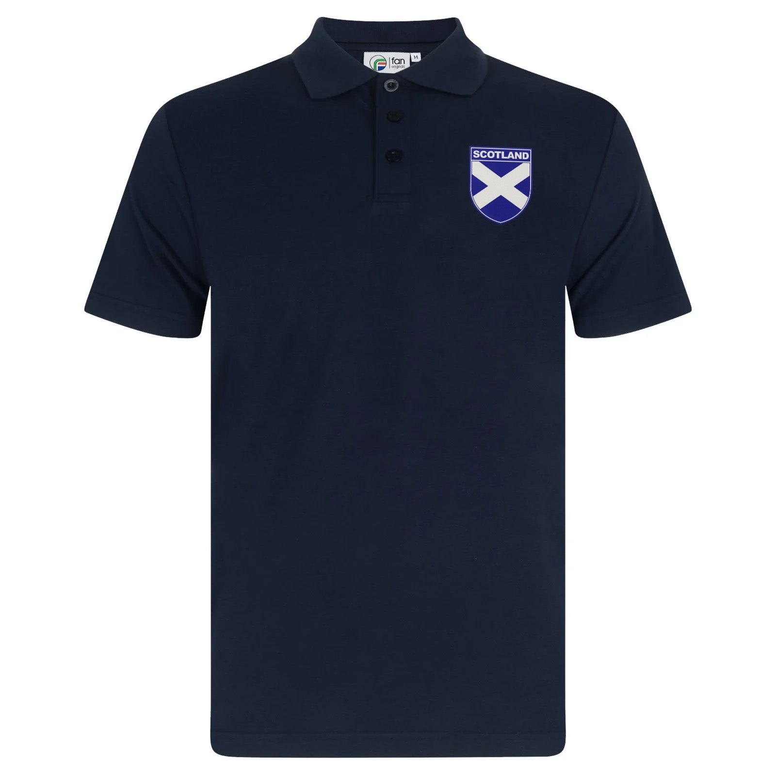 Scotland retro polo shirt in black, navy, royal & white with printed logo on the chest