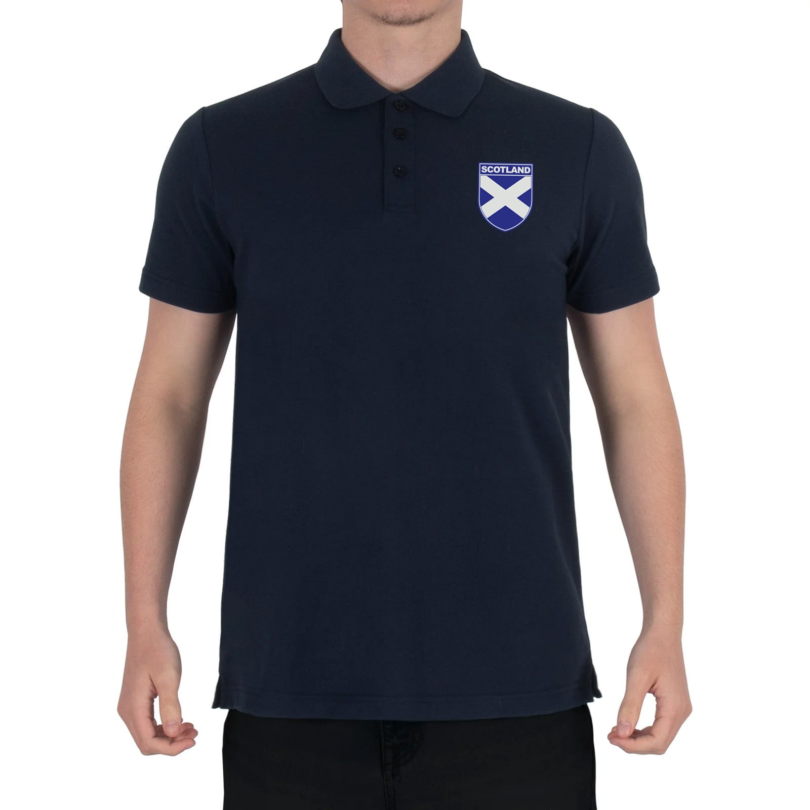 Scotland retro polo shirt in black, navy, royal & white with printed logo on the chest