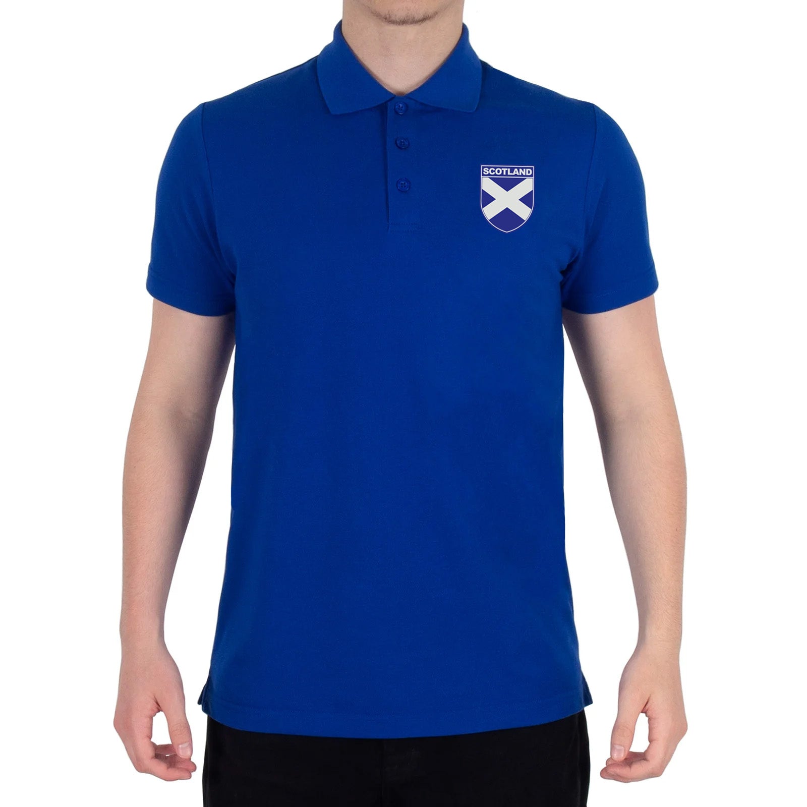 Scotland retro polo shirt in royal with printed saltire logo on the chest