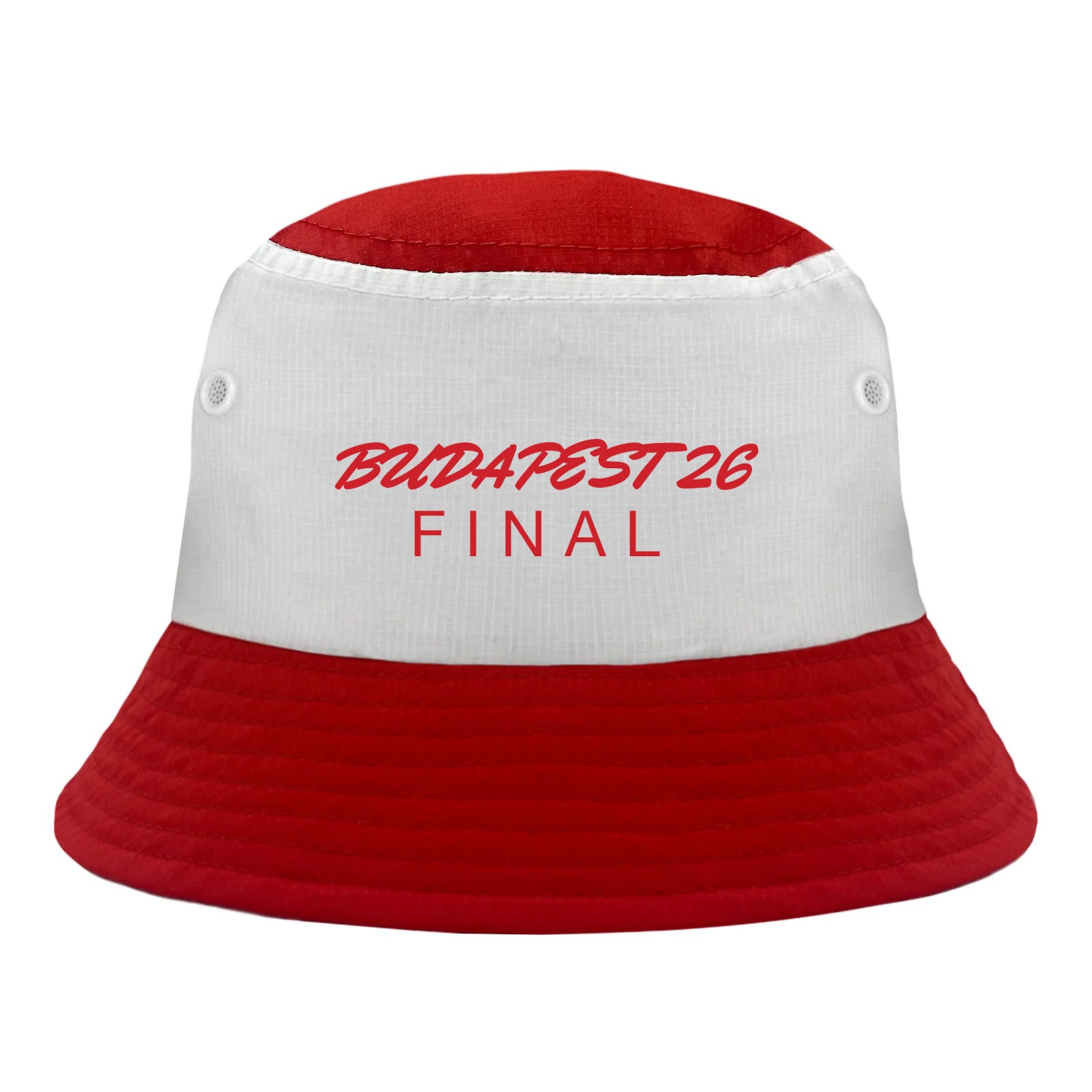 Arsenal bucket hat in red & white with Budapest 2026 final printed on the front