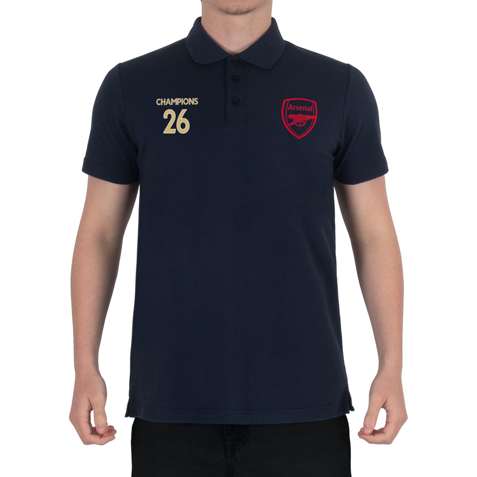 Arsenal polo shirt for adults in navy blue featuring the club crest and Champions 2026 graphic to the chest