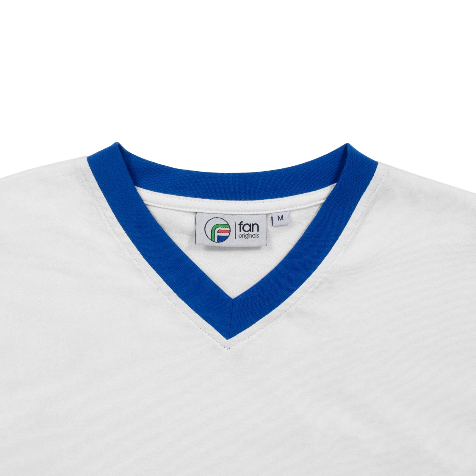 Scotland adults retro ringer v-neck t-shirt in white with contrast blue trims and logo to chest