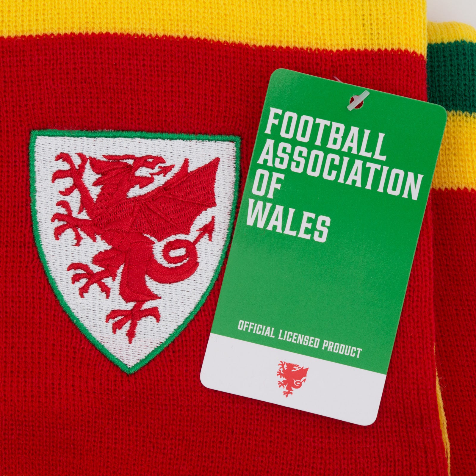 Official Wales FA retro bar scarf in red, yellow & green with Wales crest and fringe to each end