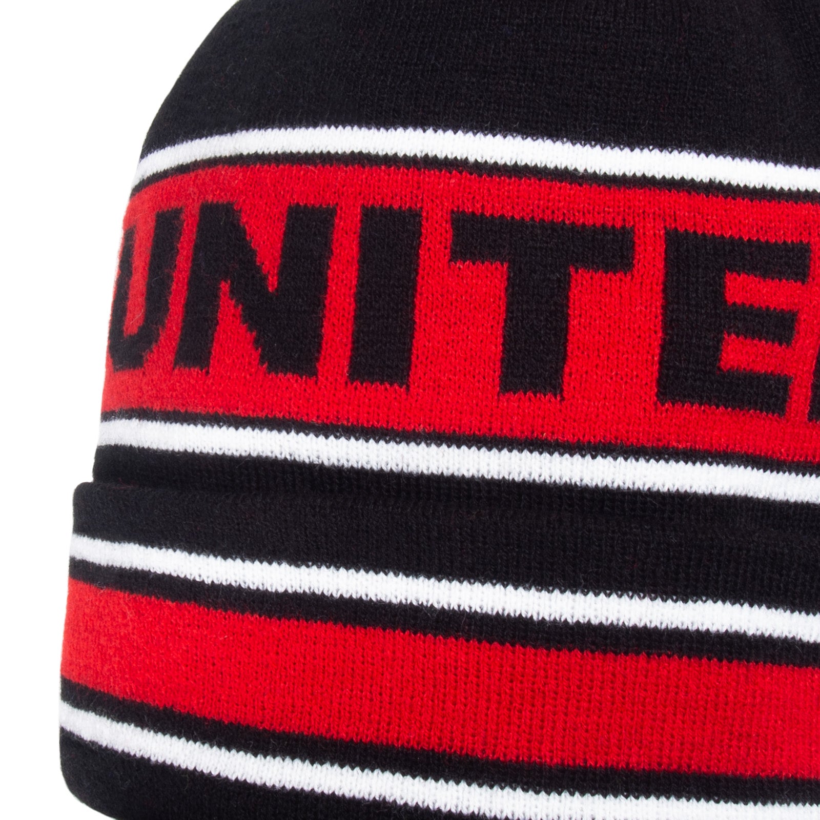 Man United knitted bobble hat in black with text to front
