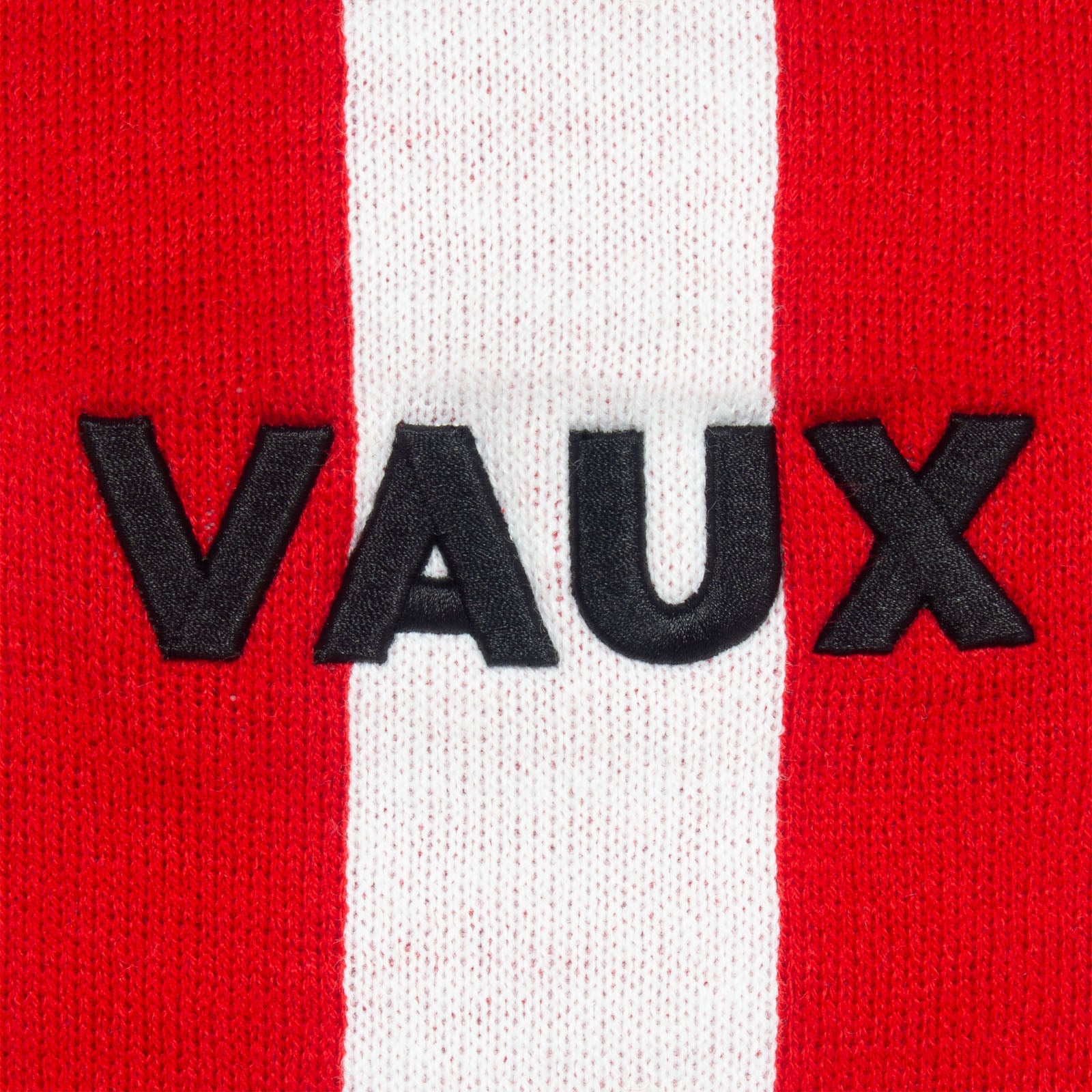 Sunderland retro knitted beanie hat in red, white & black with Vaux text to front