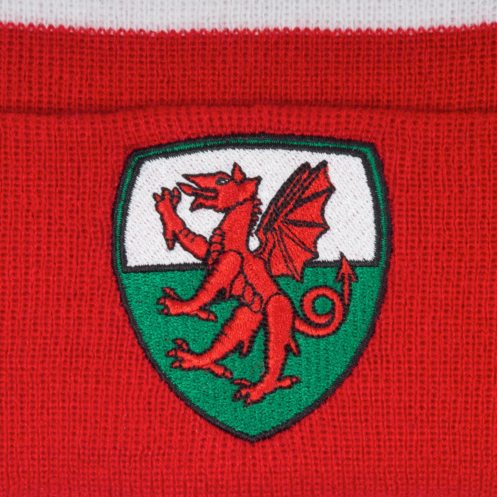 Wales football retro knitted bobble hat in red, white & green with Wales FA crest